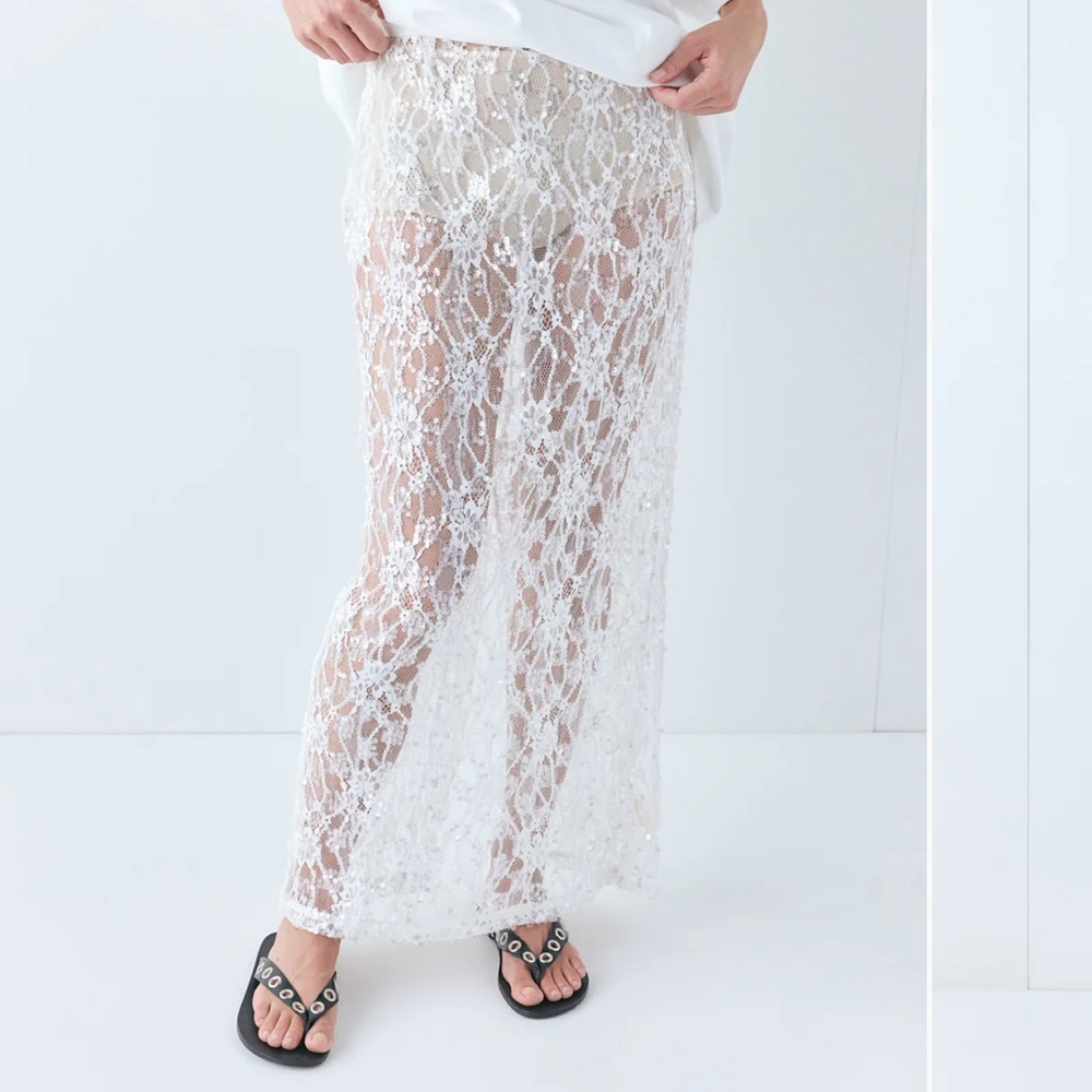 Sheer White Lace Midi Skirt